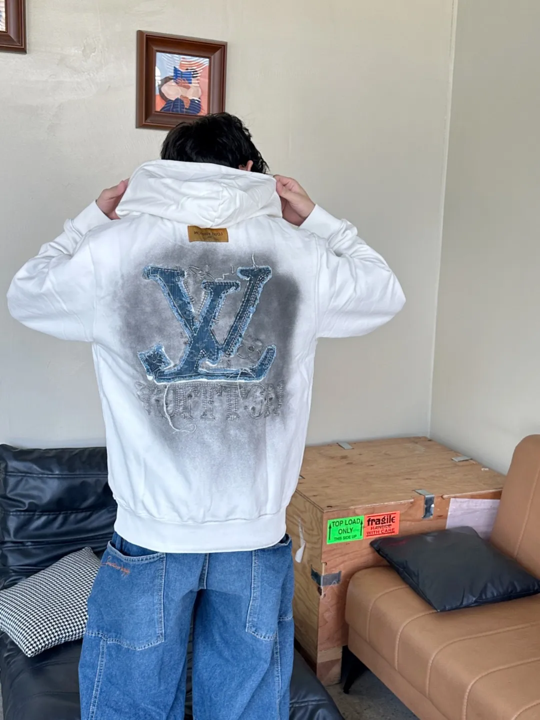 Louis Vuitton/Louis Vuitton denim patch embroidery washed ripped hole hooded sweatshirt